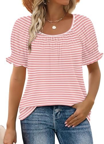 Soft pink stripes run across this airy summer blouse, detailed with gentle neck ruching and stretchy smocked puff sleeves.