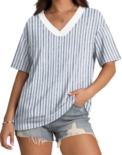 Clean blue stripes and a relaxed v-neck make this lightweight short-sleeve top an easy match for warm weekdays.
