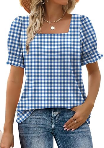 A crisp blue plaid top with an open square neckline and elastic ruffle sleeves made for sunny outdoor gatherings.