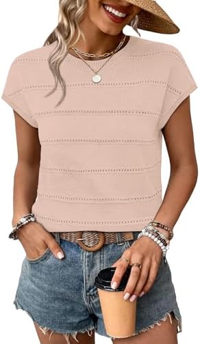 Warm apricot yarn gives this open-stripe knit sweater top a soft, creamy glow that pairs neatly with dark trousers or light linen.