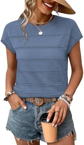 Knitted in a crisp blue shade, this lightweight sweater top features breezy hollow-out stripes and neat cap sleeves.