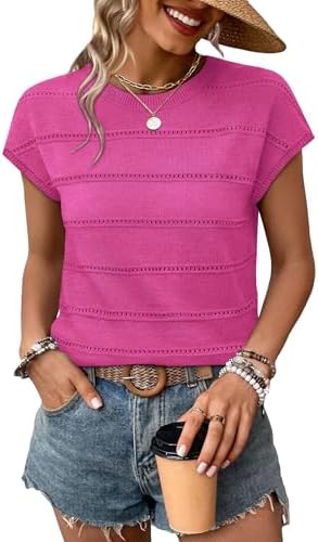 Open eyelet stripes and a bold hot pink hue give this lightweight knit top plenty of breezy character on warm afternoons.