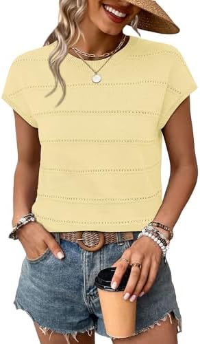 Airy eyelet stripes cut through this sunny yellow knit top, finished with neat cap sleeves and a gentle scoop neckline.