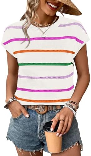 Colorful rainbow striping meets open eyelet stitches across a light white knit, trimmed with neat cap sleeves.
