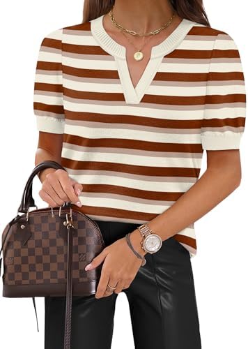 Horizontal stripes in warm brown give this lightweight V-neck short sleeve sweater an easy, polished look for the office.