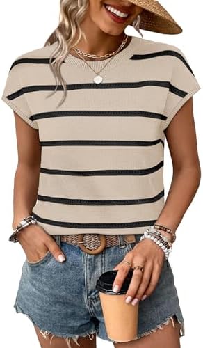 Fine open-knit eyelet stripes alternate in khaki and black across this lightweight summer sweater knit.