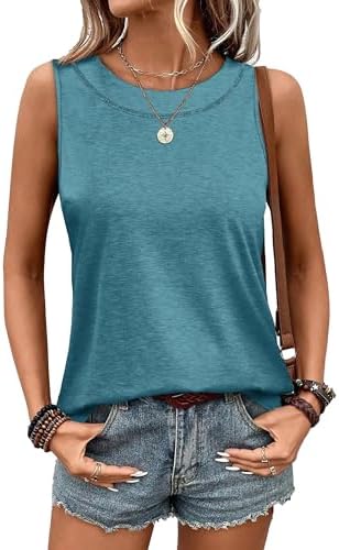 Cut in a bright turquoise knit, this sleeveless crew neck tank features an easy curved hem that falls smoothly past the waist.