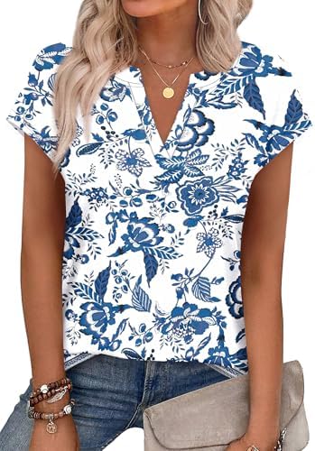 A crisp blue and white geometric print brings clean boho pattern to this notched neck cap sleeve summer tee.