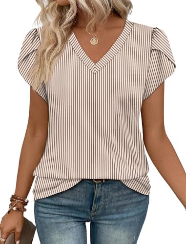 Delicate petal sleeves frame this striped khaki V-neck top, blending the ease of a soft tee with office-ready polish.