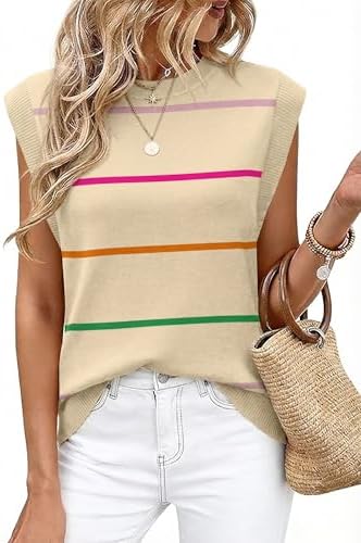 Soft ribbed cap sleeves and a warm apricot rainbow tone make this relaxed summer knit ready for sunny beach trips and daily wear.