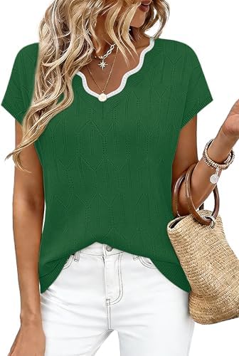 A vivid green lightweight knit features an open diamond texture and a scalloped V-neckline for sunny afternoons.