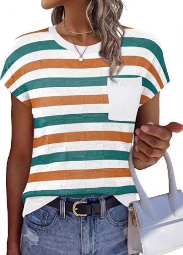Knitted in a lightweight white stripe, this crew neck top pairs neat cap sleeves with a subtle chest pocket.