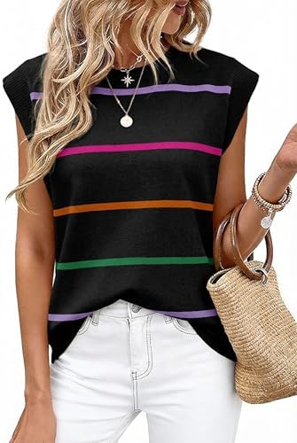 Ribbed cap sleeves meet a vibrant black rainbow knit in this relaxed crewneck top designed for warm-weather packing.