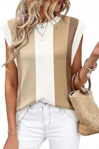 Earthy brown stripes run across a soft stretch knit top finished with ribbed cap sleeves and a tidy crew neckline.