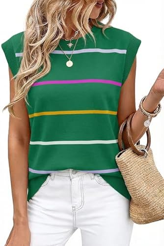 Ribbed cap sleeves meet a soft rainbow print across an olive green knit, cut relaxed through the waist for warm afternoons.