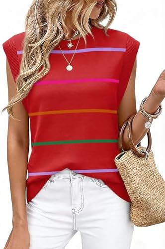 Banded rainbow stripes over red define this lightweight knit top, finished with soft ribbed cap sleeves and a crew neck.