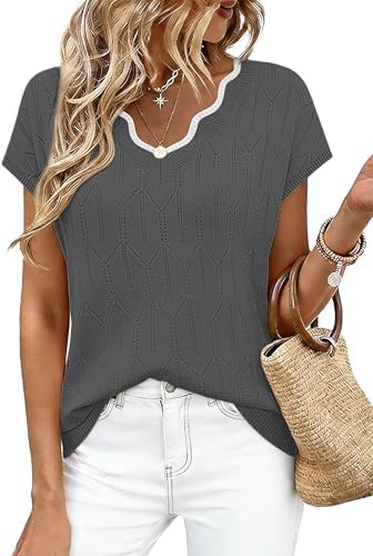 A soft diamond-knit texture and cool grey tone give this short-sleeve sweater an easy, put-together look for workdays or travel.