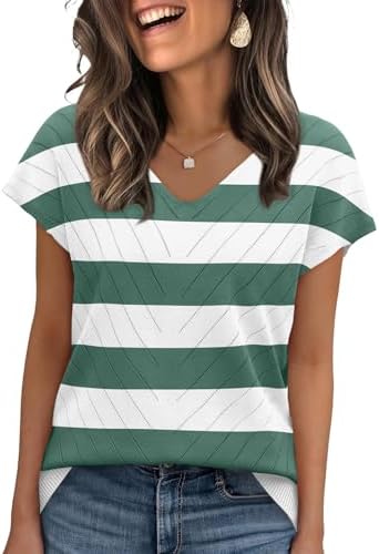 Crisp green stripes across an open-stitch knit give this cap-sleeve V-neck a fresh, breezy look on warmer mornings.