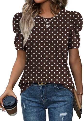 Cream dots scatter across a warm brown knit, finished with structured leg-of-mutton puff sleeves and a clean crew neck.