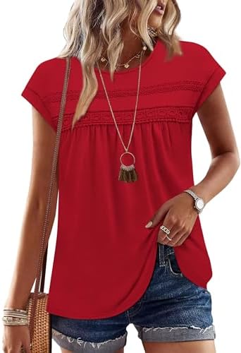 Detailed lace crochet trim and a breezy peplum hem turn this classic red crewneck tee into a dressier everyday top.