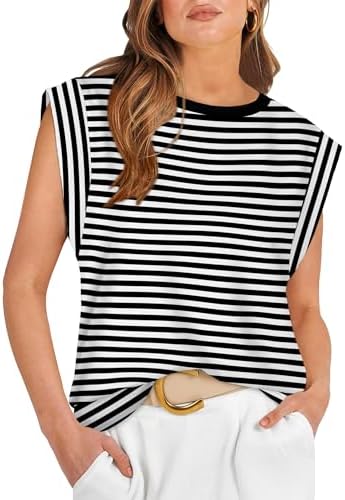 Crisp black and white stripes give this loose cap sleeve tee a clean nautical look that tucks easily into high-waist shorts.