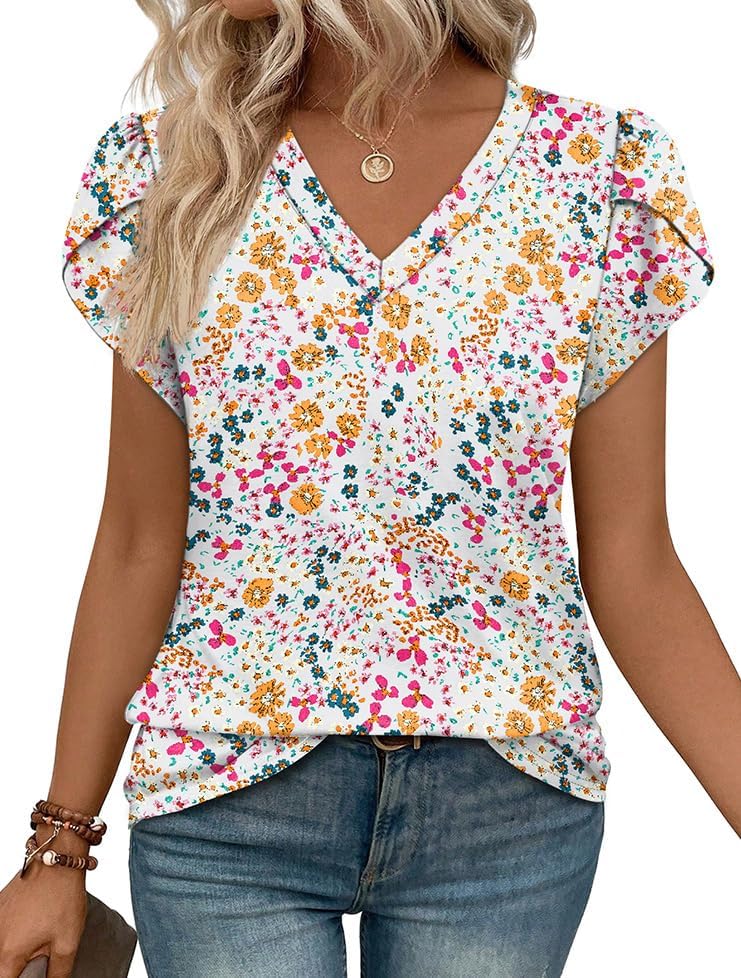 A crisp white ground dotted with bright red blooms, cut with delicate petal sleeves and a neat V-neckline in sizes S through XXL.