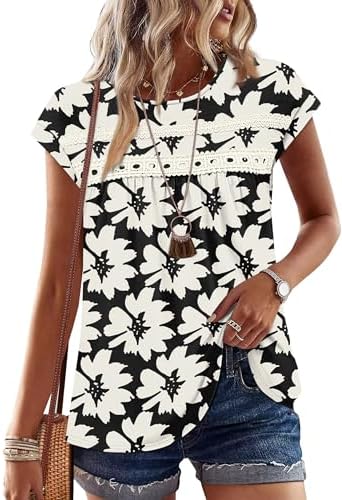 Lace crochet trims the cap sleeves of this floral beige top, finished with a subtle peplum flare through the waist.