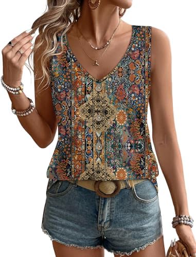 Vibrant orange ethnic floral patterns meet textured eyelet details in this lightweight sleeveless summer tank.