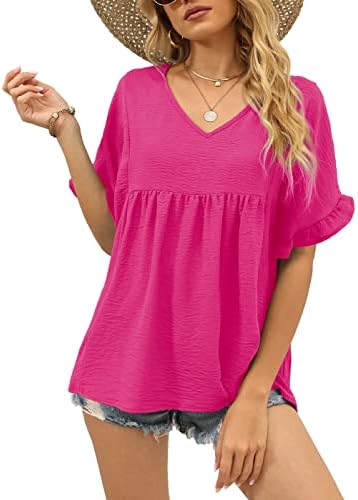 Bright deep pink brings a vivid pop of color to this breezy peplum top with fluttering ruffle sleeves.
