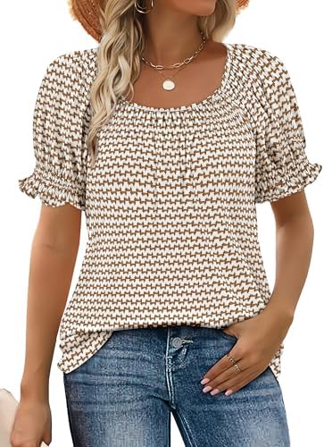 Geometric shapes in warm brown tones give this square-neck summer blouse a rich, grounded look for daily wear.