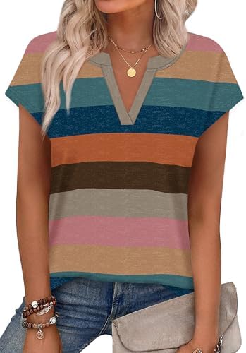 Multi-hued bands brighten this lightweight top, designed with a clean notched v-neck and easy cap sleeves for warm days.