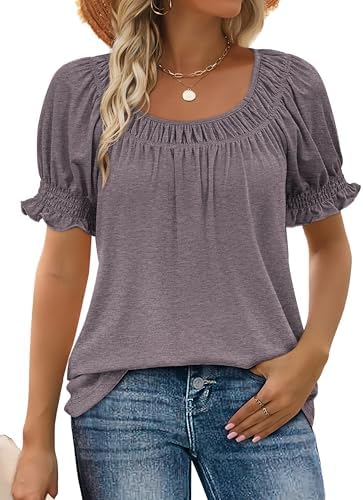 Soft smocked puff sleeves and a muted mocha grey purple tone give this square neck summer blouse an easy, polished drape.