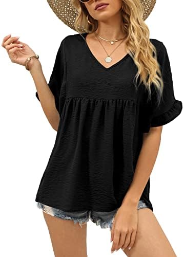 A breezy black babydoll blouse cut with fluttery ruffle sleeves and a clean V-neck for warm workdays and weekends.
