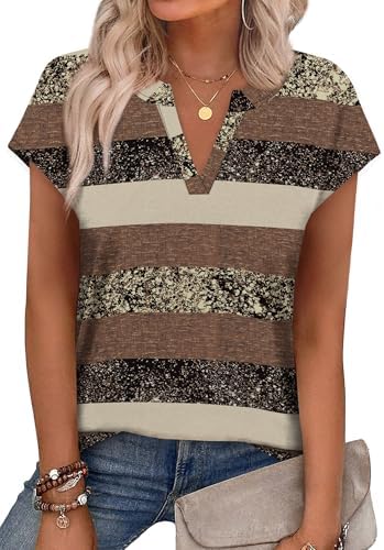 Earthy brown stripes set a steady summer rhythm on this soft notched V-neck top with easy cap sleeves.
