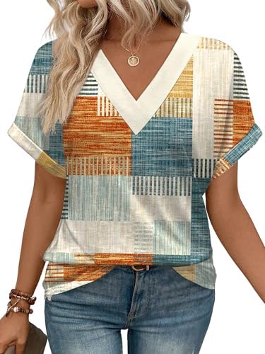 A crisp plaid print brings graphic texture to this soft short-sleeve top, cut with a relaxed drape and a classic V-neck.