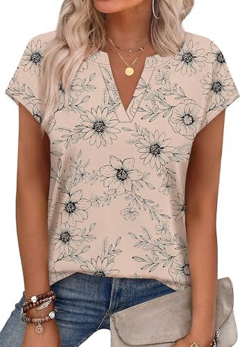 Dainty botanical blooms over a warm beige ground give this notched V-neck top a soft, relaxed feel for sunny days.