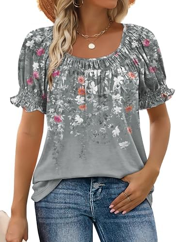 Muted grey petals give this ruched square-neck blouse a quiet finish that pairs easily with white denim or dark slacks.
