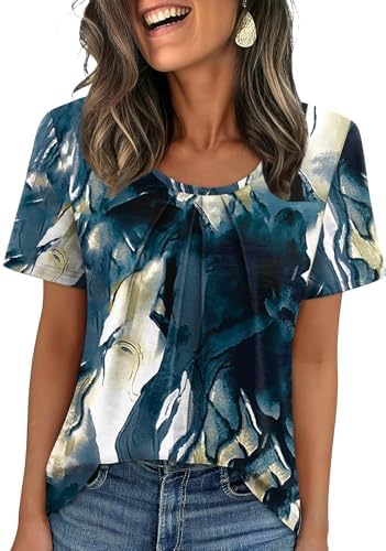 Pleated gathers fall from the scoop neck of this short-sleeve top in Print 12, cut loose for warm travel days and easy packing.