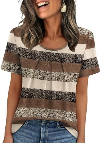 Horizontal stripes run across a soft stretch knit with a gathered scoop neck and an easy loose body.