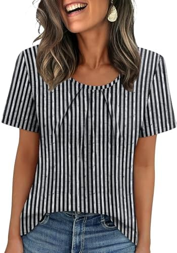 Horizontal stripes across a pleated front give this lightweight summer scoop neck tee a breezy, laid-back travel feel.