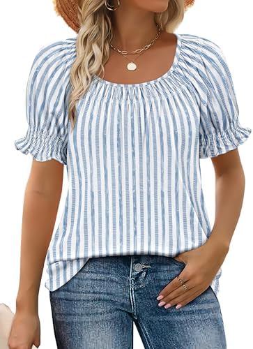 Crisp white and blue stripes bring a fresh nautical feel to this airy summer blouse with gathered smocked sleeves.