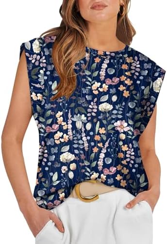 Navy floral print adds soft botanical contrast to this loose cap sleeve tee, finished with a classic crew neck for warm days.