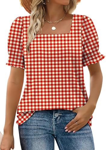 Crisp red plaid pairs with fluttery elasticized ruffle sleeves and an open square neckline for warm summer evenings.
