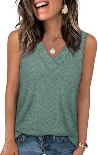 Intricate eyelet stitching brings breezy texture to this flowy green tank top, finished with a neat V-neckline.
