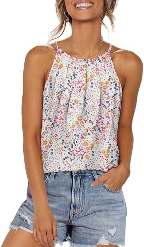 Soft pink petals scatter across a light ground on this halter-neck tank, finished with subtle front pleating and a curved hem.