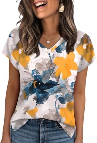 Soft watercolor florals drift across this lightweight knit tee, designed with breezy cap sleeves and an open V-neck.