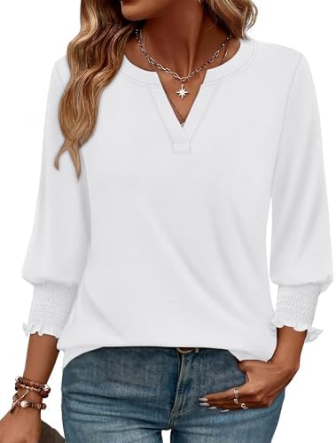 A crisp white three-quarter sleeve blouse cut with a clean V-neckline, button front, and gentle curved hem for work or weekends.