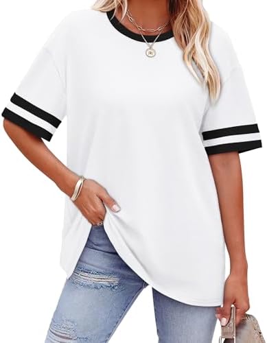 A crisp white summer tee with roomy half sleeves and neat striped cuffs that pair easily with dark denim or patterned skirts.