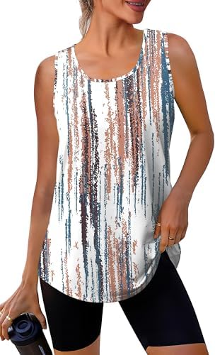 Muted horizontal stripes give this breezy active tank a relaxed, grounded look that pairs easily with dark leggings or trail shorts.