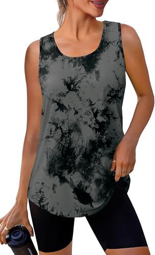 Muted gray tie-dye adds subtle pattern to this breezy tank, cut loose with a curved hem that pairs easily with dark leggings.